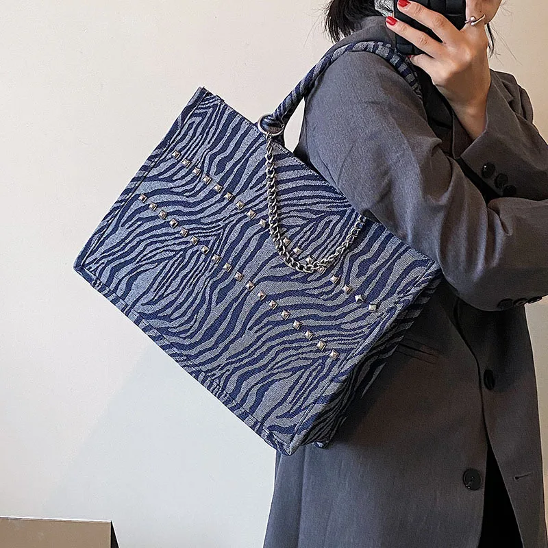 2023 New Fashion High-Capacity Blue Striped Denim Handbags  Tote Bag  For Womens