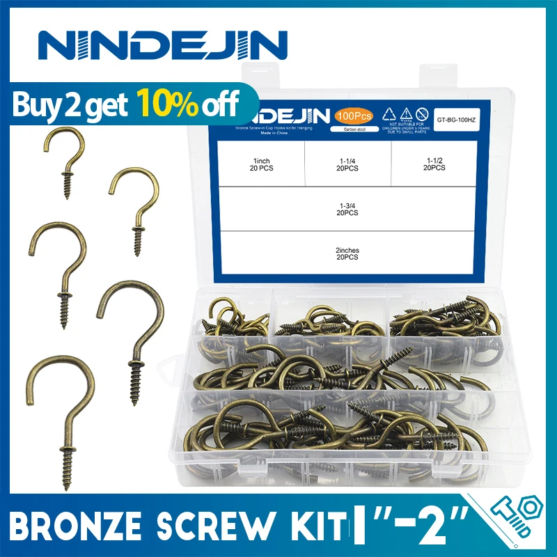 Nindejin-bronze Parafuso Gancho Grupo Cozinha Cup Aço Carbono Ganchos de Teto Cabide para Pendurar Plantas Luzes Cup 100 Pcs
