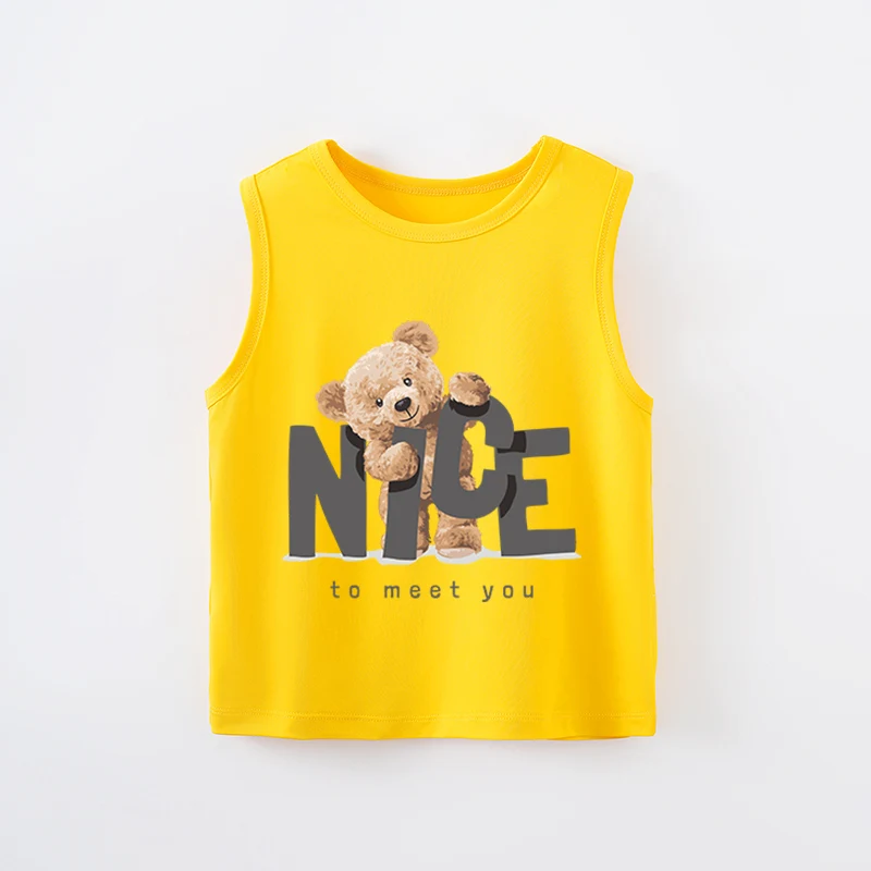 Summer Children's Clothing Cute Cartoon Bear Comfortable Baby Round Neck Sleeveless T-Shirt Boys And Girls Yellow Top 1