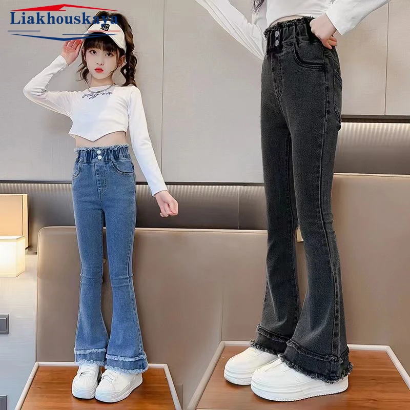 Jeans para meninas, jeans de perna larga, cintura alta, com botão, calças  compridas, para adolescentes, para a primavera - AliExpress
