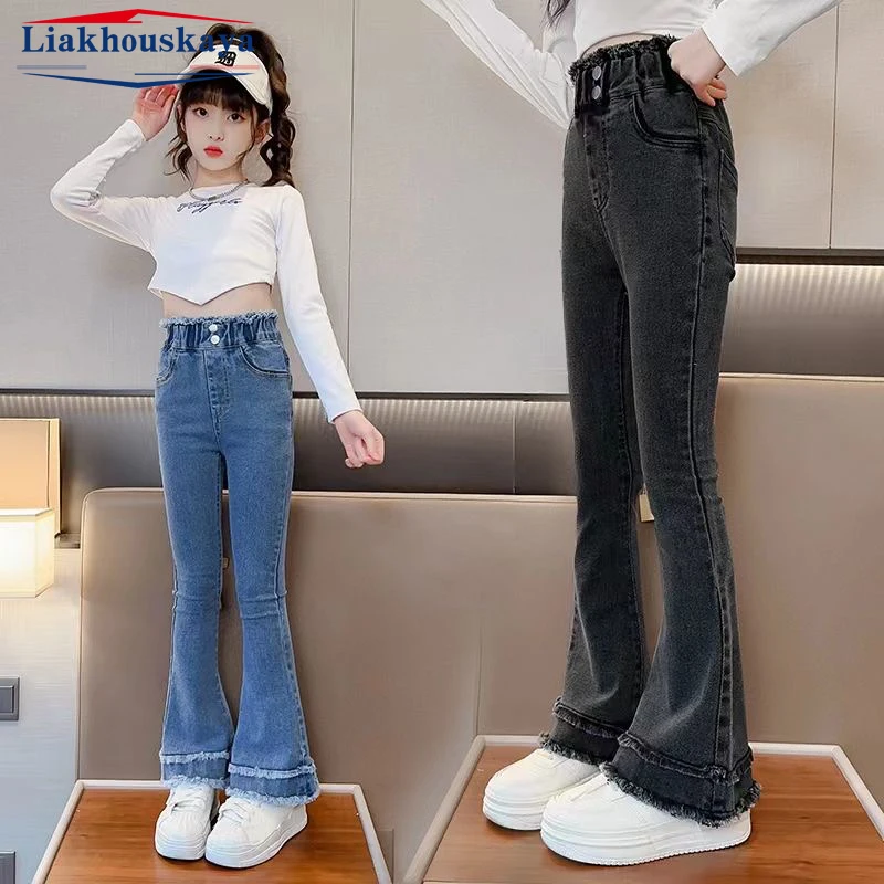 Kids Girls Jeans Spring Denim For Baby Girl Wide Leg Jeans High Waist Button Children Outwear