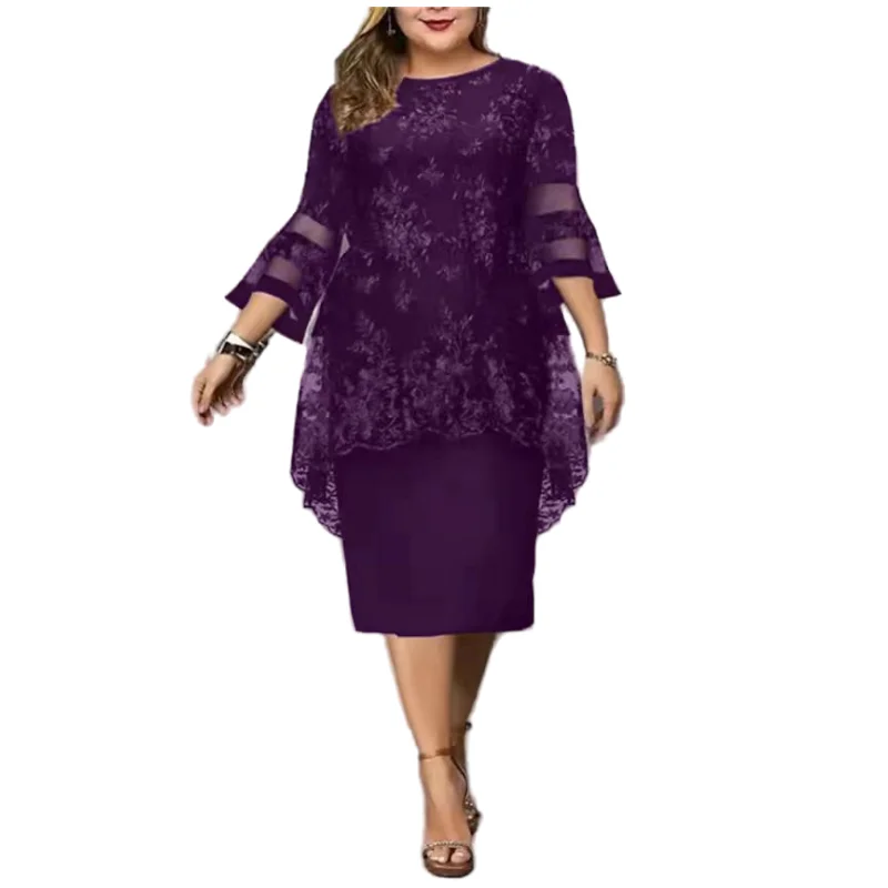 Plus Size Women Clothing New Fashion and Elegant Lace Embroidery Three-quarter Sleeves Solid Color Midi Wedding Party Dress