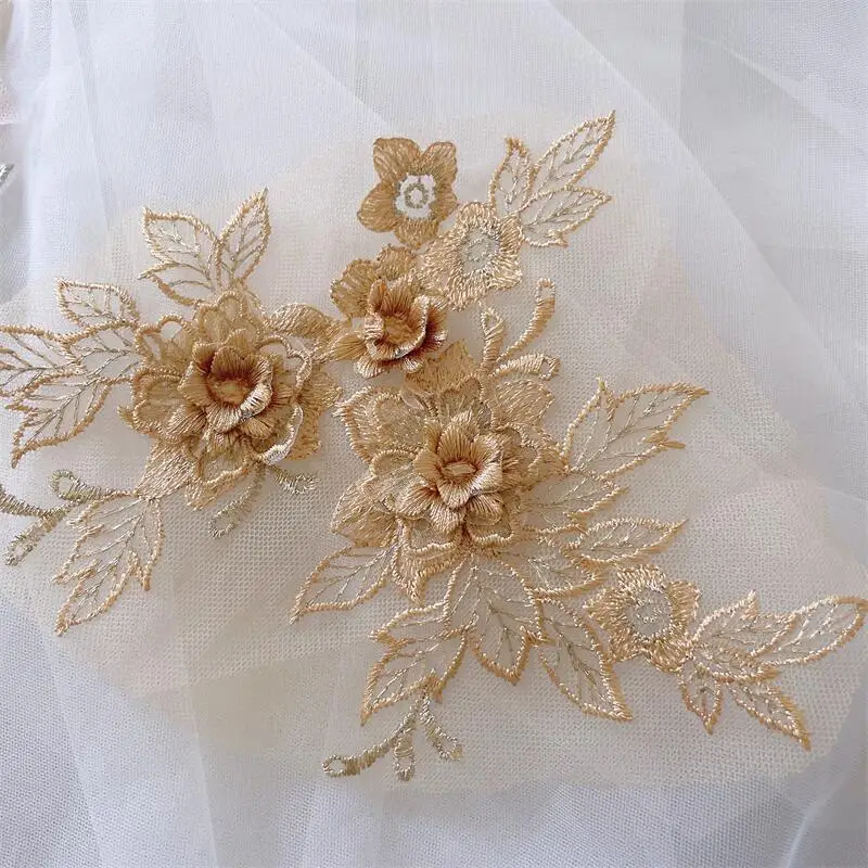 3D Wedding Dress Lace Applique 10Pieces/5Pair DIY Craft Flower Patch Garment Auxiliary Material Gold Blue Patch RS0446 lace fabric lace garment accessories sewing patches lace sewing supplies lace decoration lace accessories lace sewing accessories clothing accessories