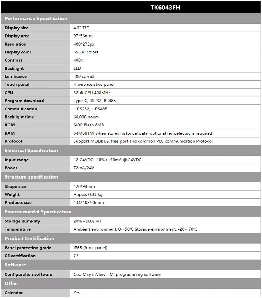 Description Picture 4 of itemCoolmay Hmi Display Screen Panel 4.3 Inch TK6043FH 408MHz Human Machine Interface Display Calendar Support All PLC