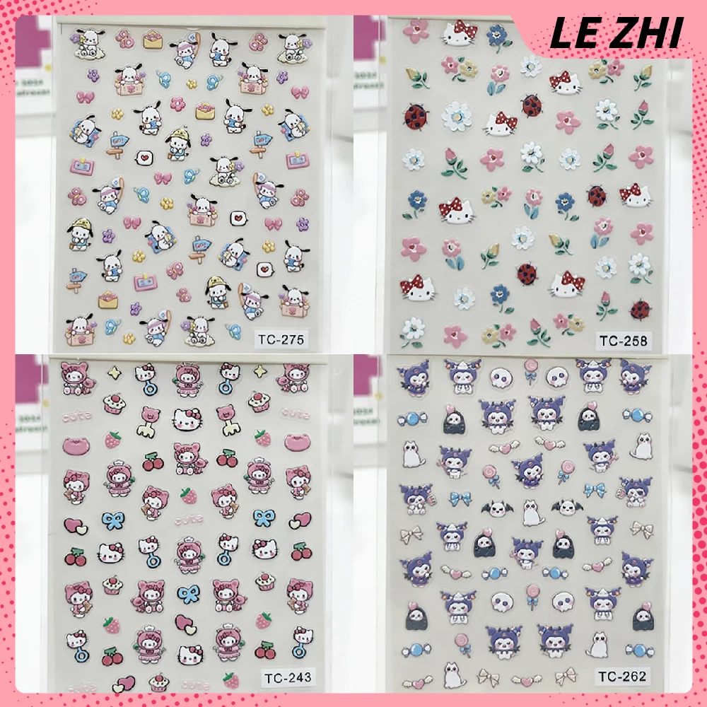 

5D Relief 5PCS Cartoon Nail Sticker Hello Kitty Cinnamoroll Mymelody Kuromi Cute Manicure Charms Accessories Jewelry Supplies
