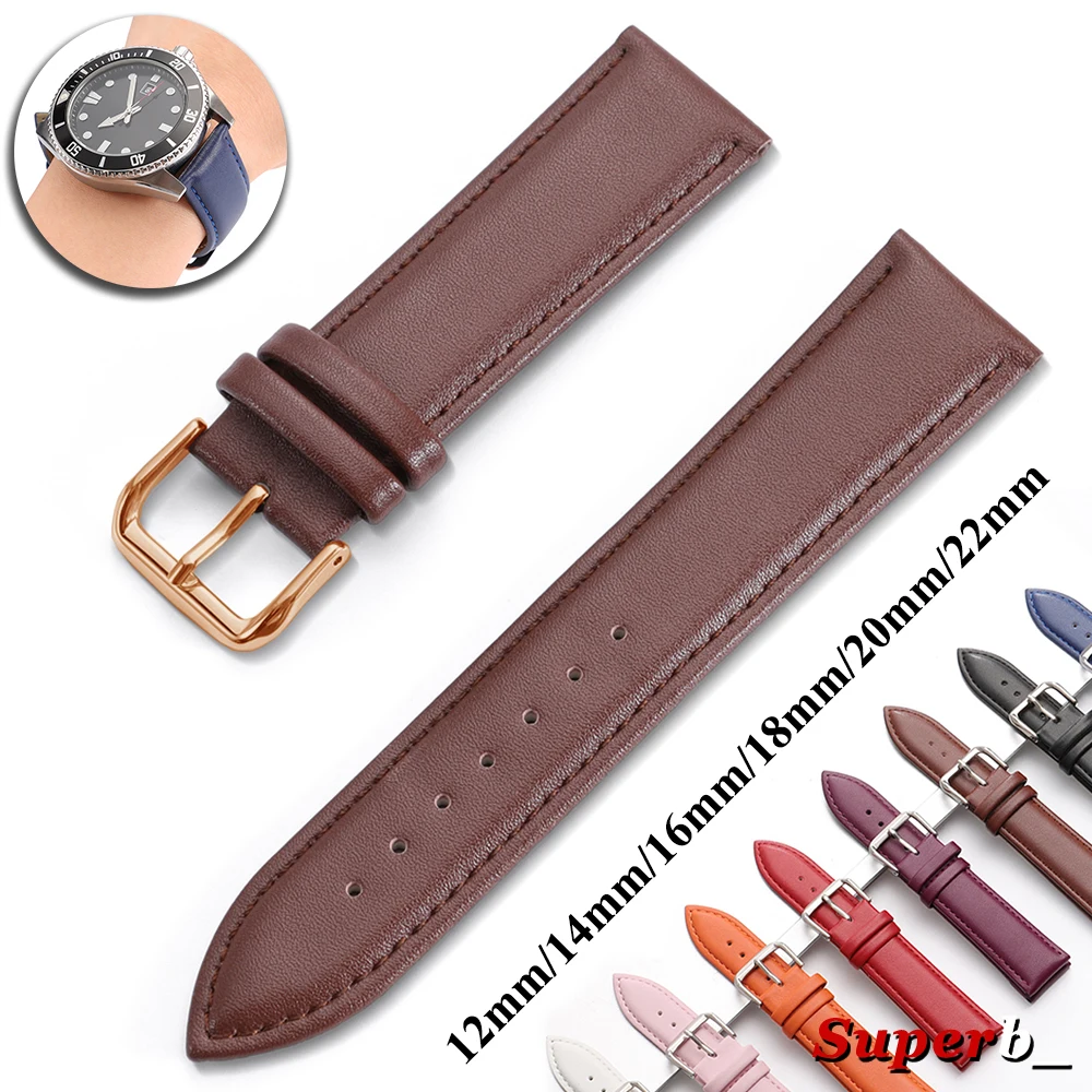 Premium Calfskin Leather Watch Strap – Soft Brown and Blue Wristband with Silver Stainless Steel Buckle