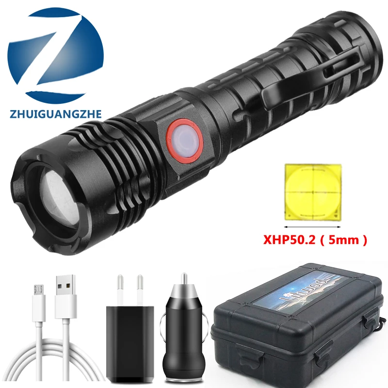 Super Bright XHP50.2 LED Flashlight USB Rechargeable Zoomable Waterproof Flashlight Work Lantern Uses 18650 Battery For Camping hunting flashlights