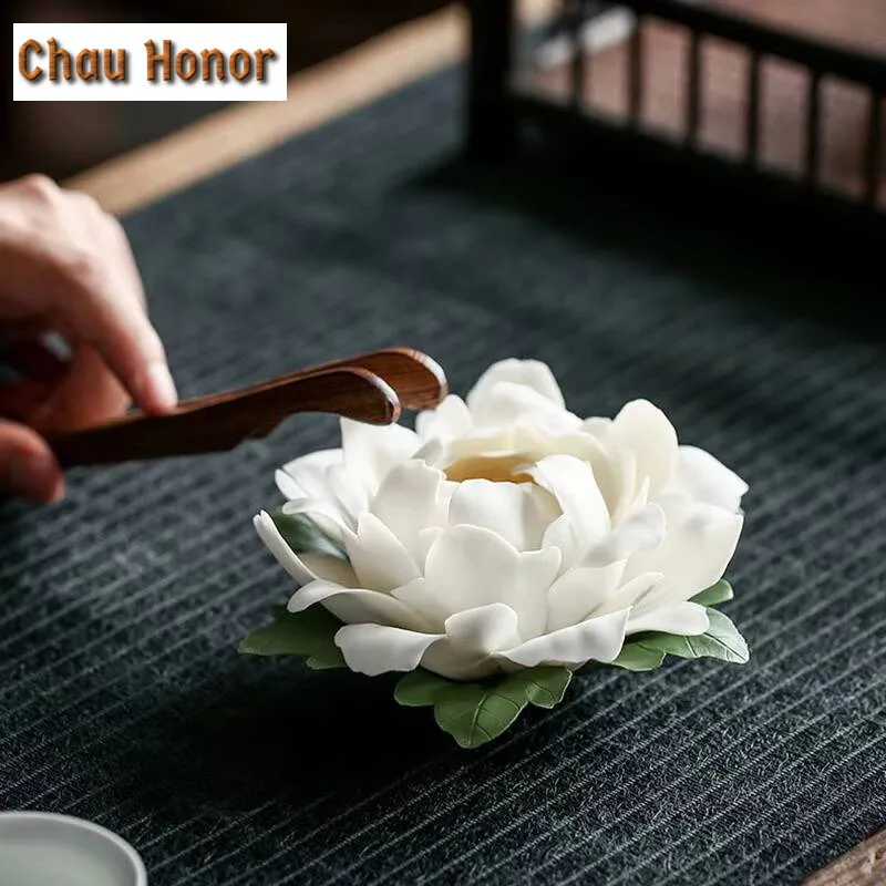 Ceramic White Peony Incense Burner Handmade Household Decor Incense Stick Holder Buddhist Incense Chinese Tea Ceremony Ornaments