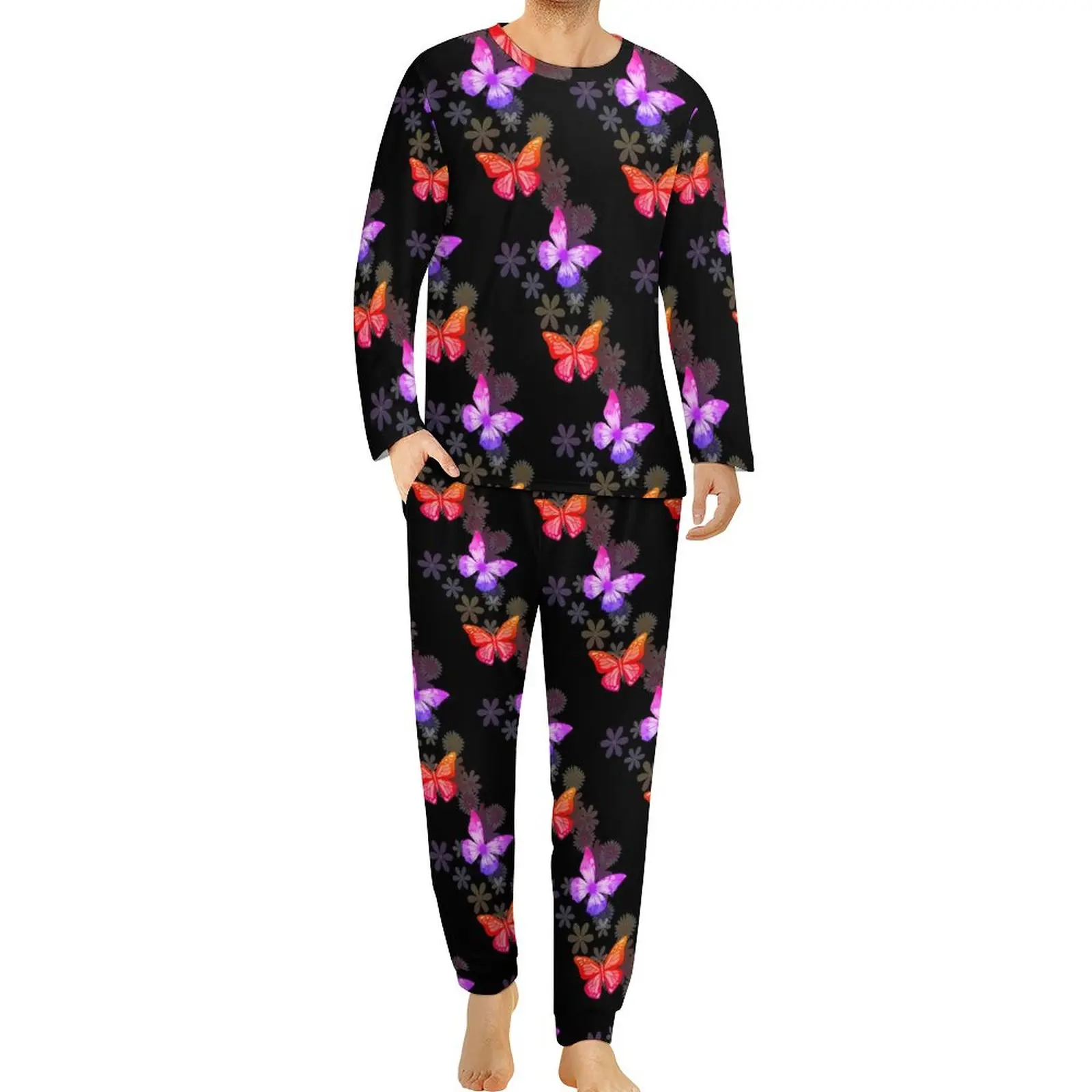 

Butterfly Print Pajamas Spring 2 Piece Pink And Purple Soft Pajamas Set Men Long Sleeves Home Custom Sleepwear Large Size 6XL
