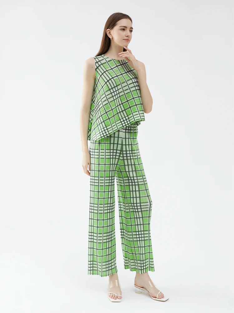 Miyake Pleated Striped Irregular Sleeveless Top Long Straight Pants Women 2023 New Summer Korean Fashion Causal Two Piece Sets