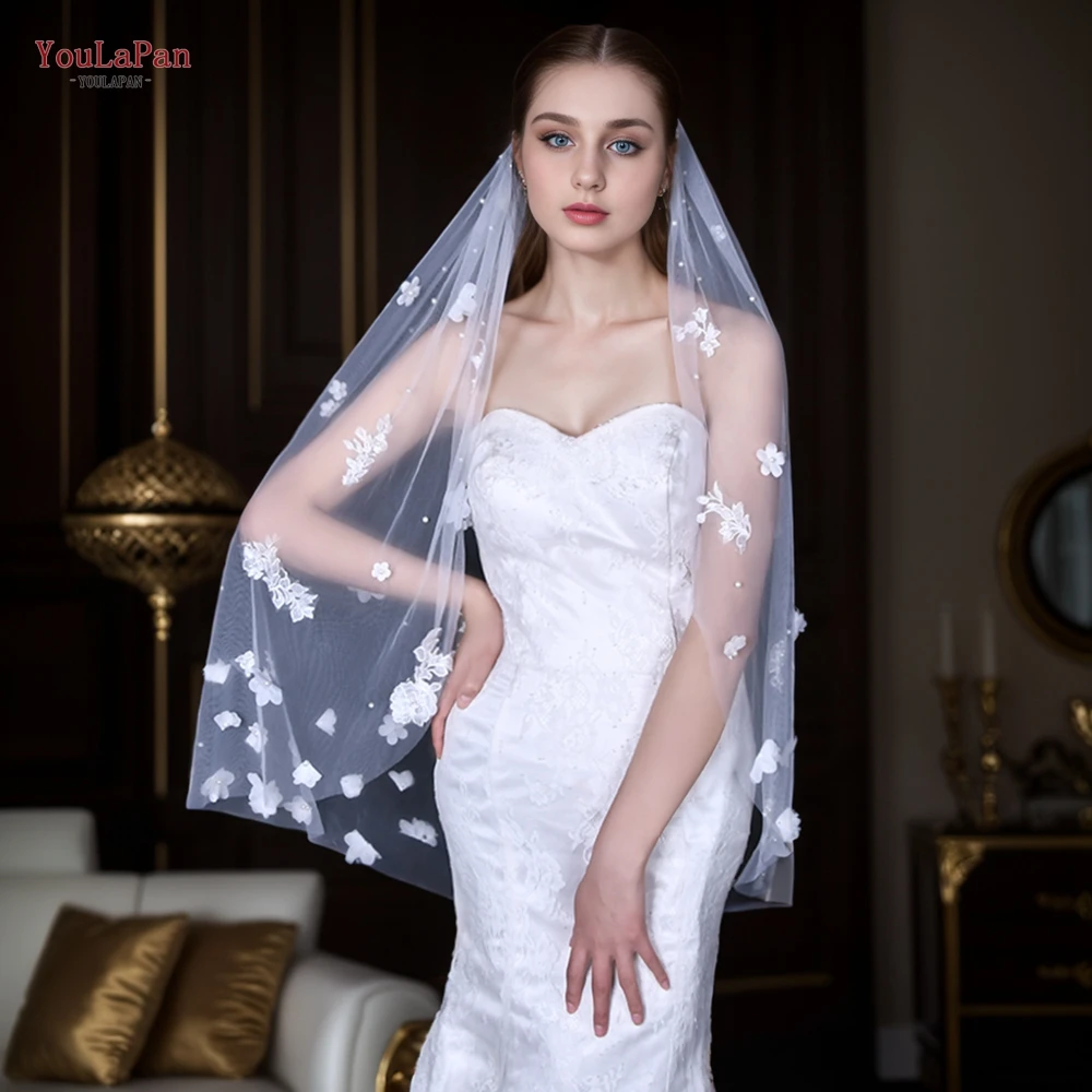 

YouLaPan Elegant Bridal Veil 3D Flowers Decal Wedding Veil 1 Tier Soft Short Pearl Veil Accessories for Wedding Brides V194