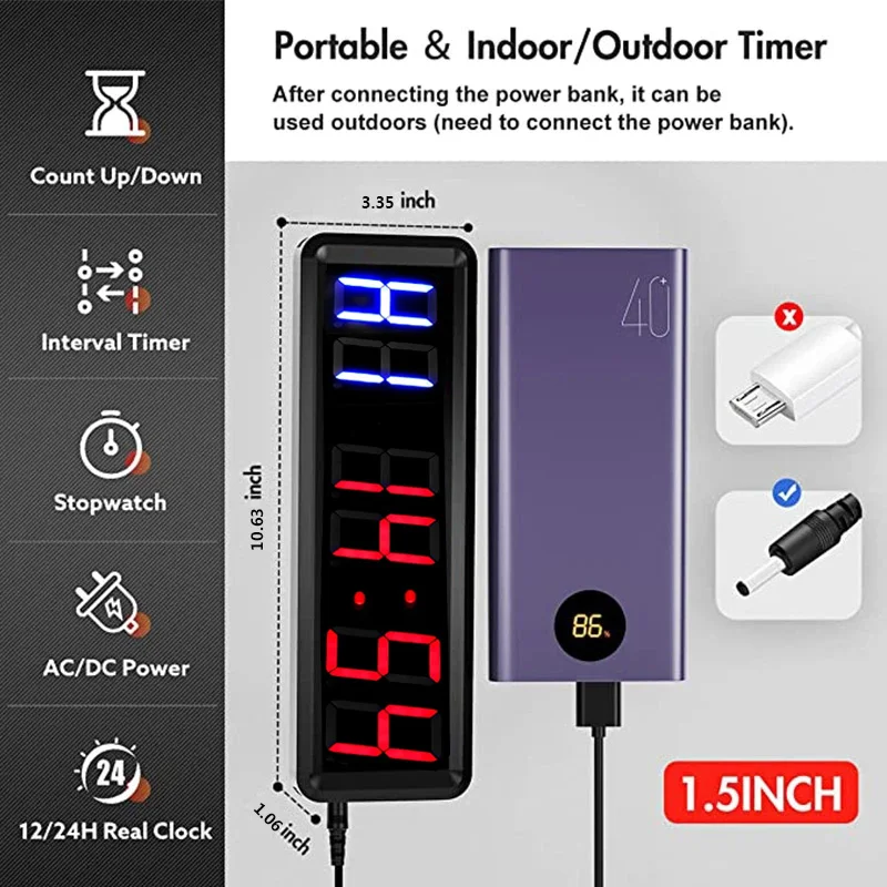 LED Timer 1.5" 6 Digit Boxing GYM Crossfit Tabata EMOM Interval Programmable Countdown/UP Stopwath Real Time Clock With Buzzer