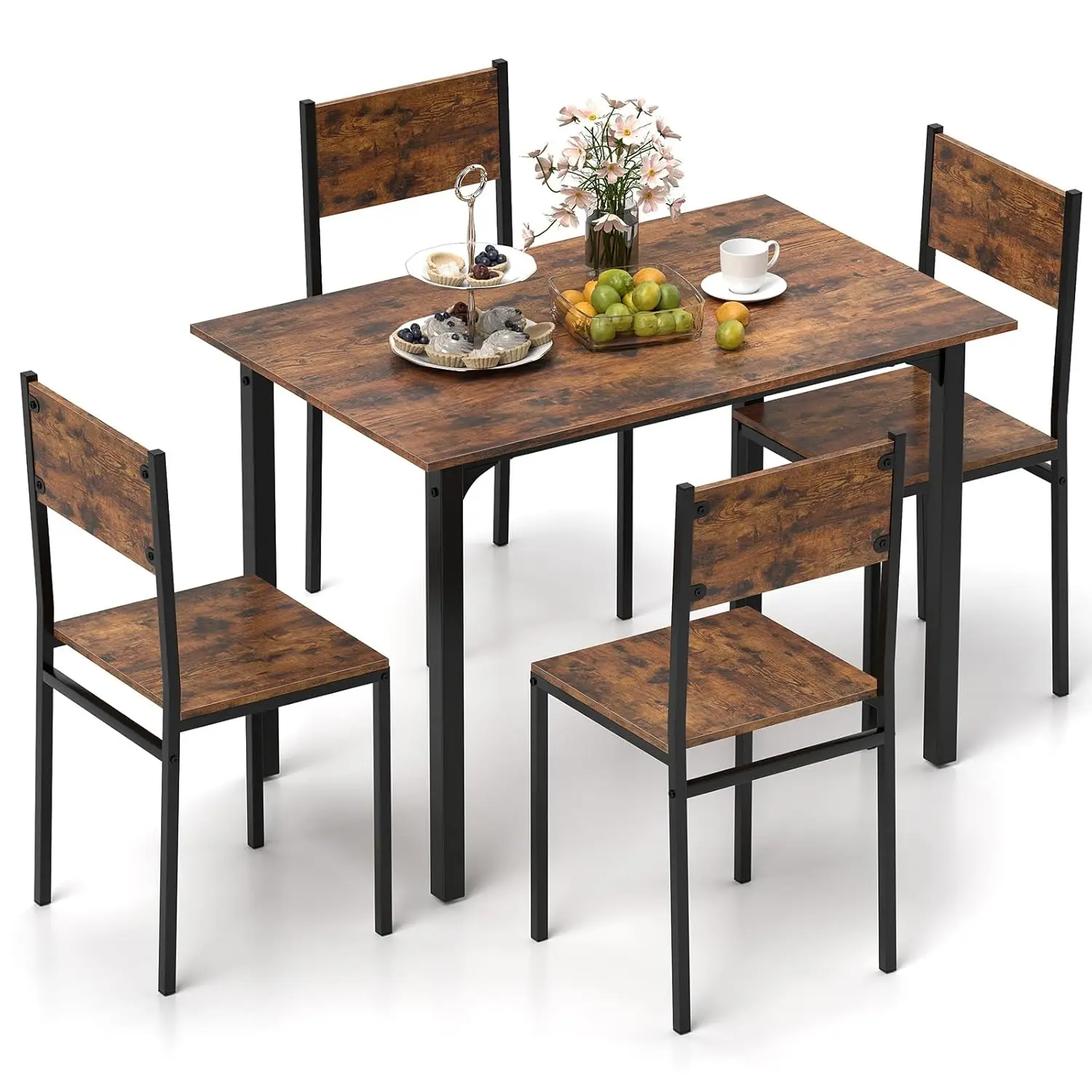 4-Seat Metal Frame Dining Set Kitchen Chairs Backrest Space-Saving Apartment Rustic Brown, Customized