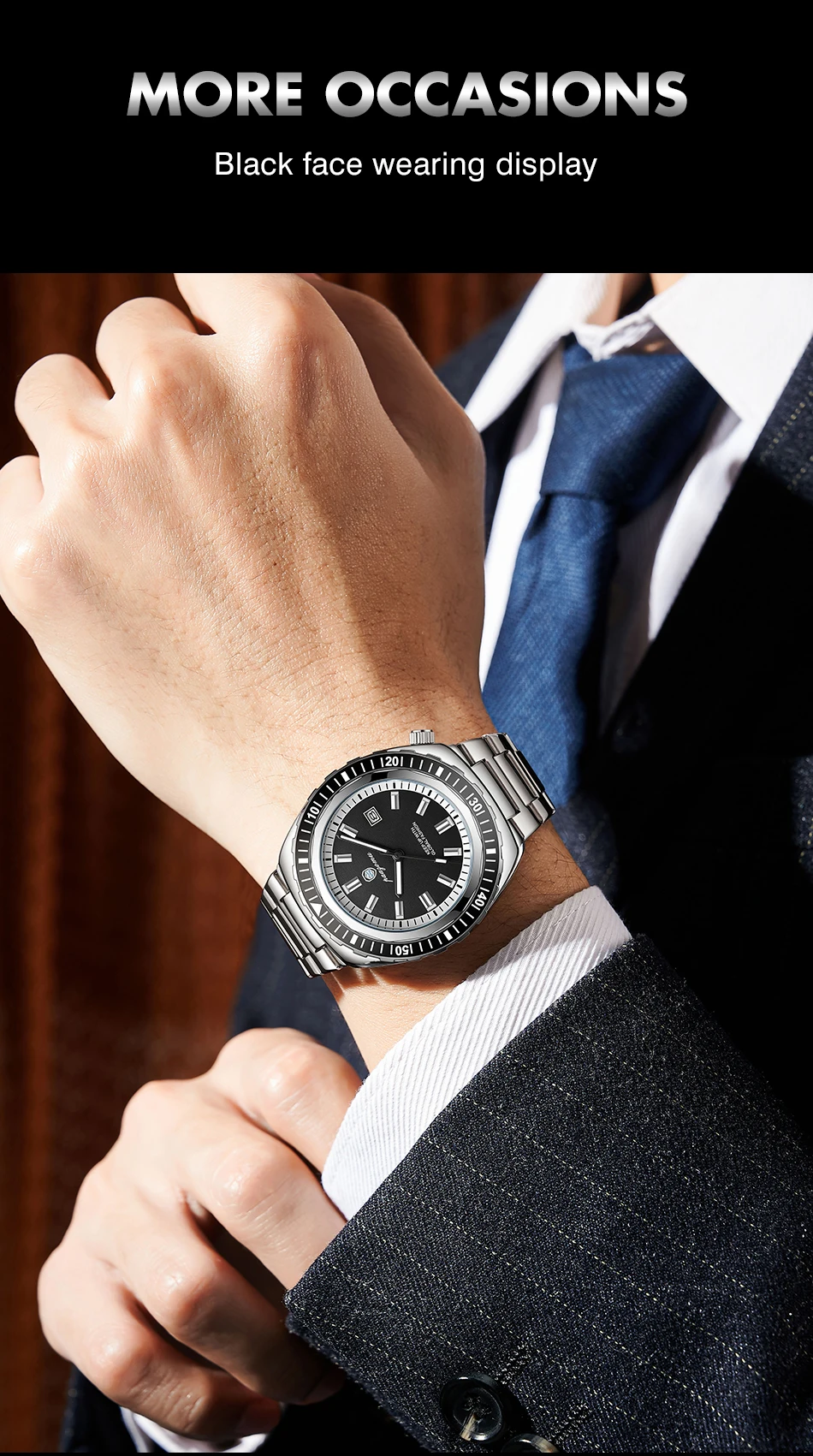 Montre homme de luxe, style business, date, jour de la semaine, étanche, lumineuse, bracelet sport en acier inoxydable, mouvement à quartz._voghion.com