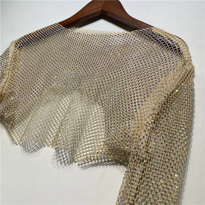 Sparkly Crystal Crop Tops For Women Fishnet Hollow Out See Through Cropped Coat Evening Night Club Luxury Top Party Wear