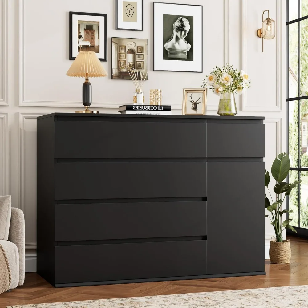 5 Drawer Dresser, Black Dresser Modern Dresser for TV Stand, Double Dresser Wide Storage Chests of Drawer with Door, Deep Drawe 6