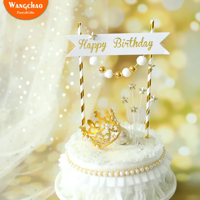 Royal Style Platinum Banner Flag Gold Ball Star Happy Birthday Cake Topper Love Crown Decorazioni Forniture Per Feste Bomboniere Per Bambini