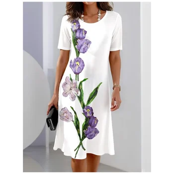 반팔 원피스 여성 의류 A라인 스커트, 우아한 파티 이브닝 원피스 컬러 클래쉬 프린트 풀오버 드레스, 여름 패션