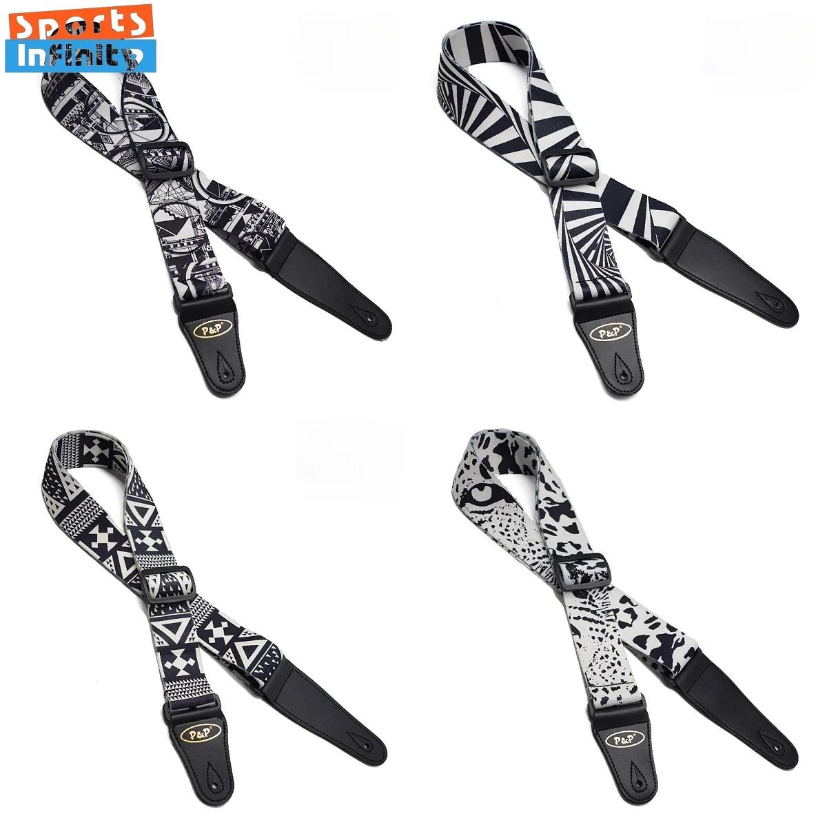 Premium Ultra Thick Black and White Guitar Shoulder Strap - Heat Transfer Printed Design, Enhanced Comfort for Extended Play