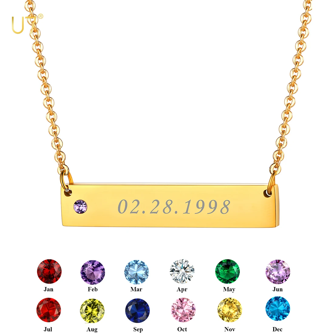 

U7 Birthstone Necklace Custom Engraved Name Stainless Steel Horizontal Bar Pendant Clavicle Choker Necklaces for Women Girls