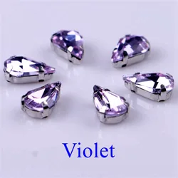 Elegant Teardrop Crystal Rhinestones with Claw Metal Base - 20 Piece Set - 6x10mm (Violet)