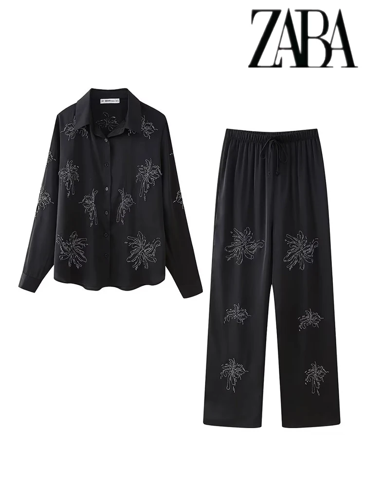TRAF Womens Embroidered Beaded Long Sleeve Ladies' Suit Lapel Single Breasted Shirt Set Loose Tie Straight Pants Two Piece Set