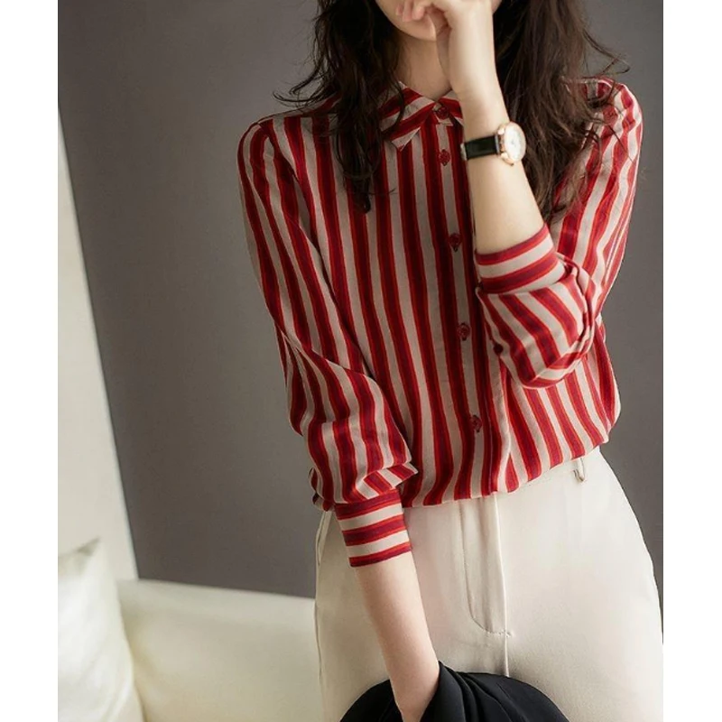 Women'S Red Longline Striped Shirt Style Top main image 0