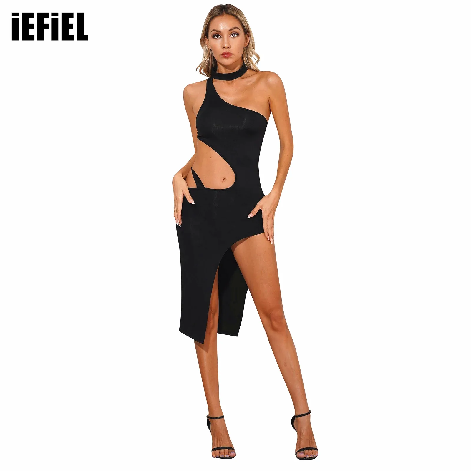 

Womens Sexy Black Bodycon Dress Halter Sleeveless Cut Out High Waist High Split Dress for Nightclub Cocktail Evenings