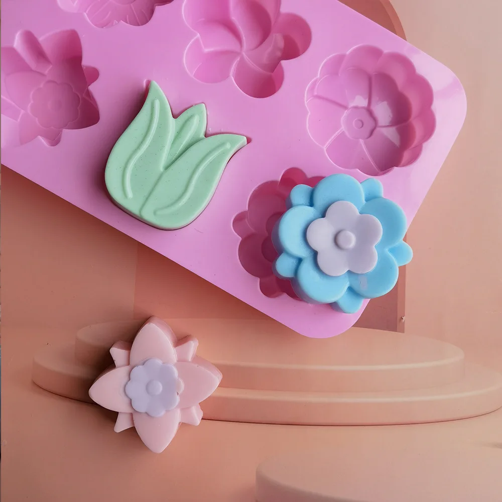 Silicone mold 6 holes flower-shaped rose flower homemade soap candle making easy demould handmade cake chocolate baking