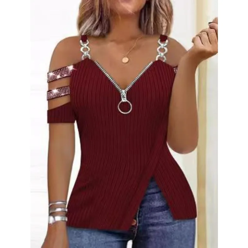 

2023 Spring Summer Rhinestone Zipper Eyelet V-neck Raglan Sleeve Sling Irregular T-shirt Women