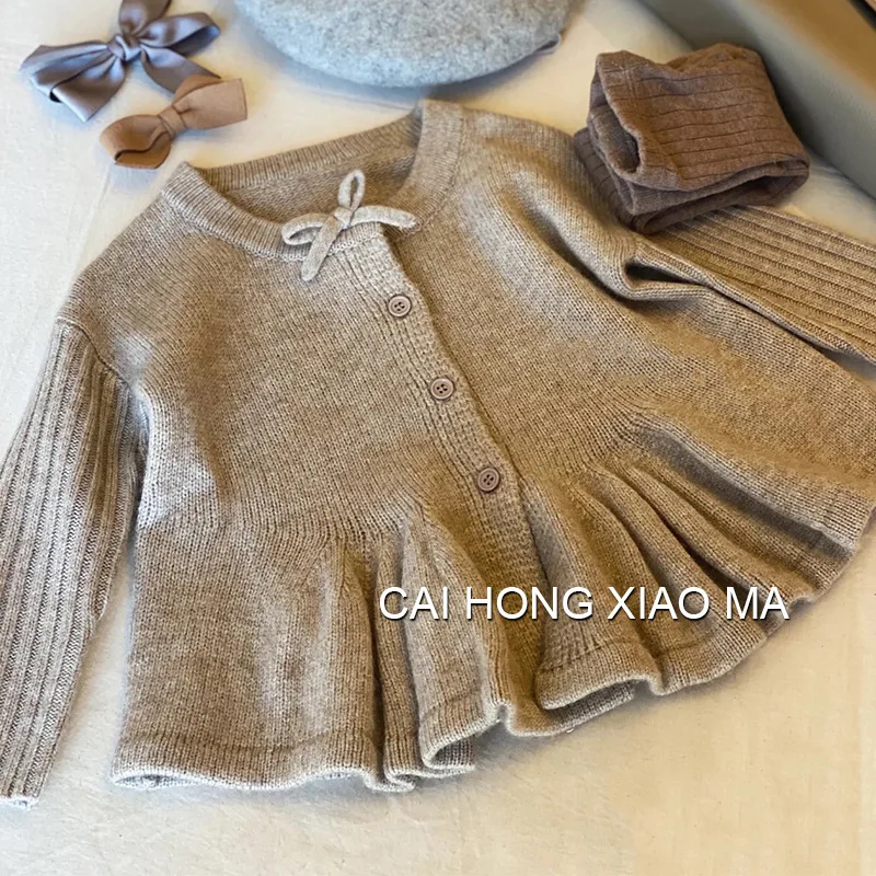 Kids Long Sleeve Warm Coat Girls Round Neck Single Breasted Cardigan Autumn Winter New Children Knitted Cute Sweater 12M-6Y