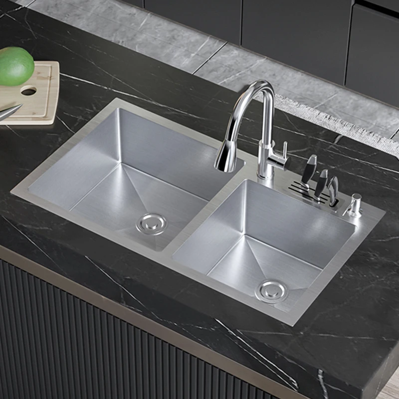 SUS304StainlessSteelLargeKitchenSinkWithKnifeHolderHandmadeTankDoubleBowlBasinSink