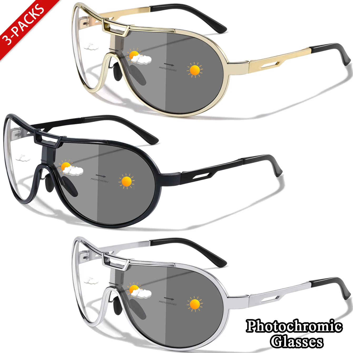 1 & 3 PCS Photochromic Cycling Sunglasses round Windproof Shades