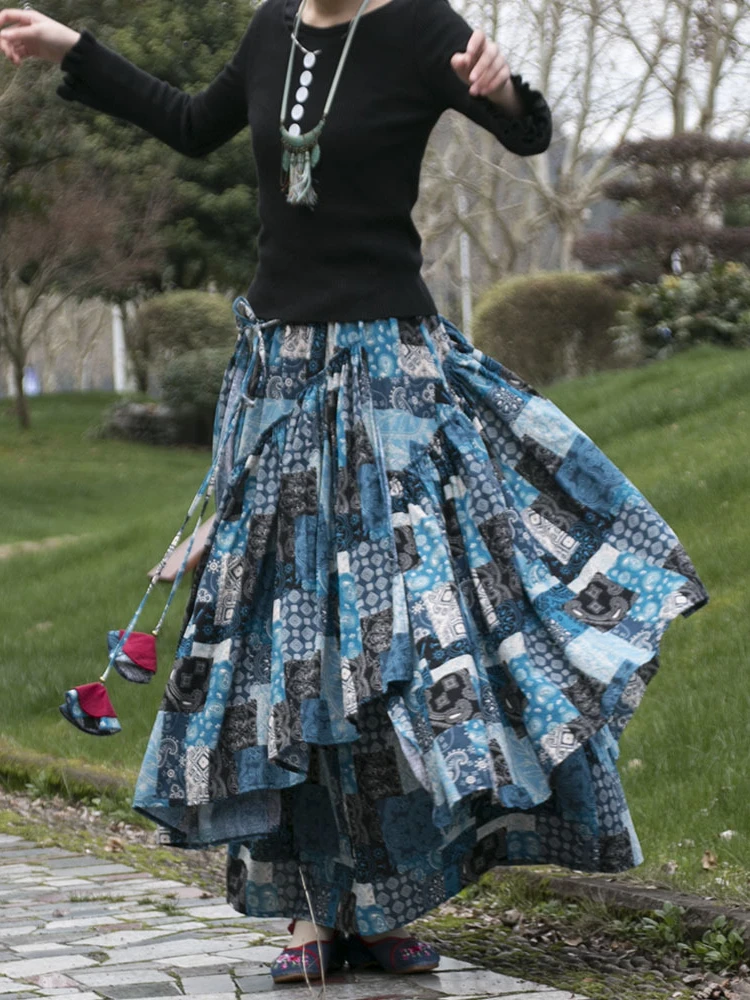 Cotton Linen Women Medieval Skirt Women Print Dubai Turkey Retro Ethnic