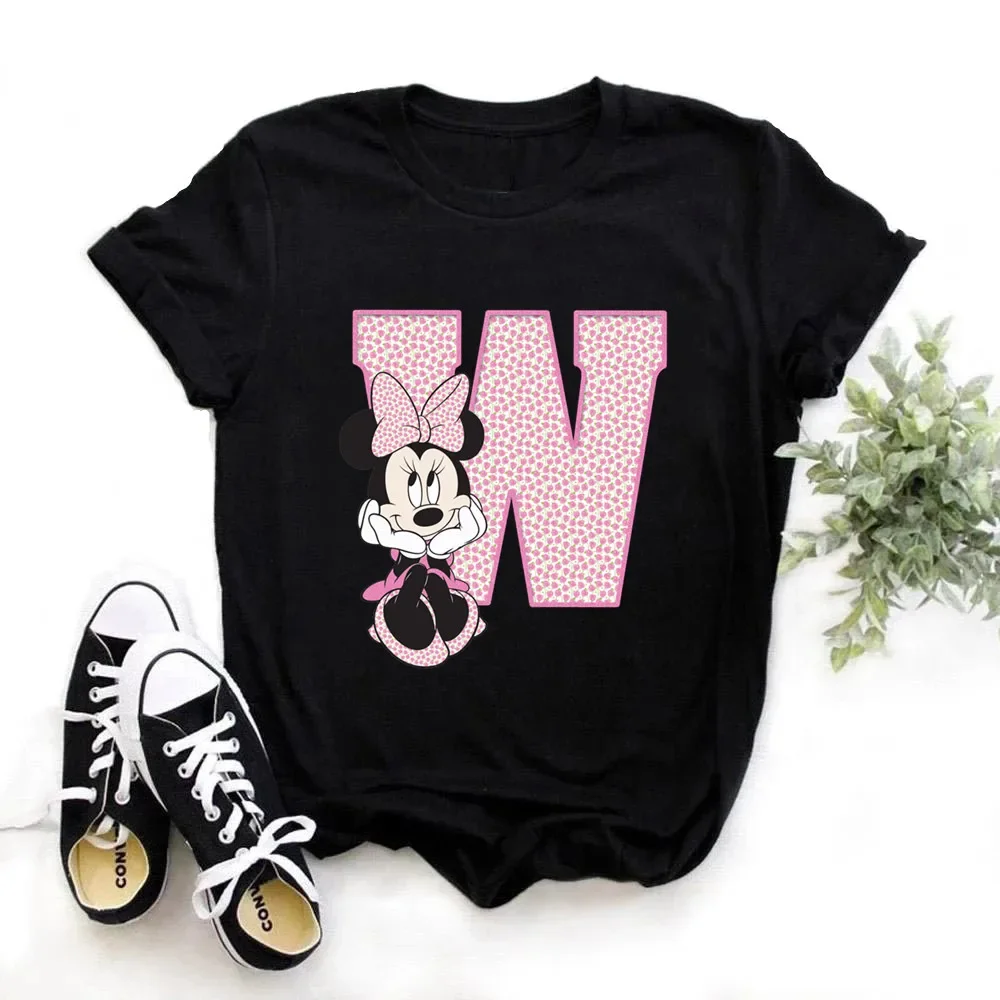 thumbnail image 1 of Camiseta de algodón para niños de Disney Minnie Mouse, divertida camiseta con estampado de 26 letras mayúsculas de la A a la Z, camisetas góticas para niñas, camisetas kawaii de verano, 1 of 5