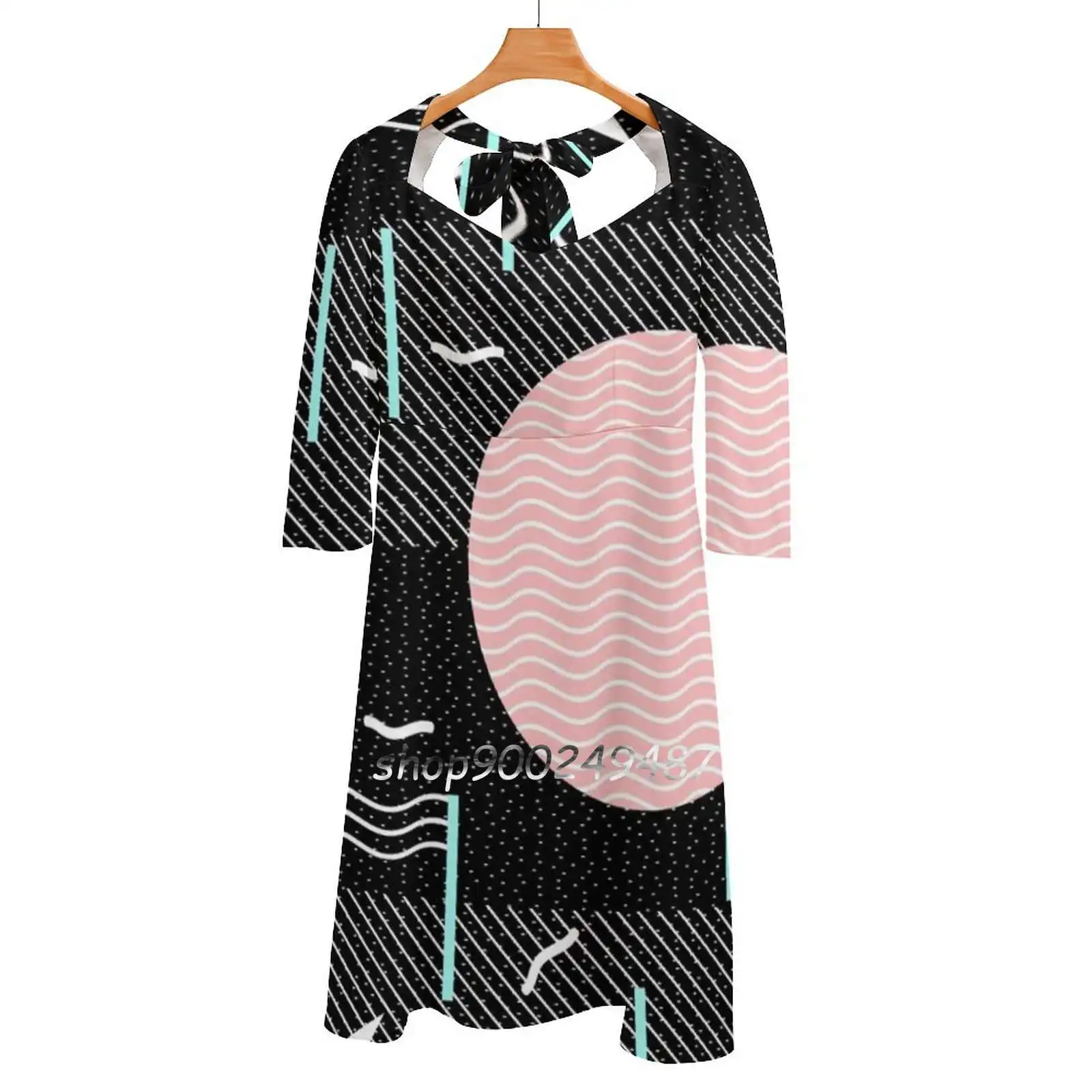 

Memphis Summer Night Square Neck Dress New Plus Size Elegant Women Waist Tight Dress Memphis Pattern Memphis Design Geometric