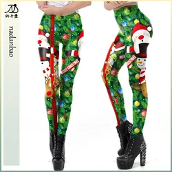 Nadanbao Snowman Printing Leggings Women Green Merry Christmas Holiday Party Trousers Female Funny Elastic Tights Pants