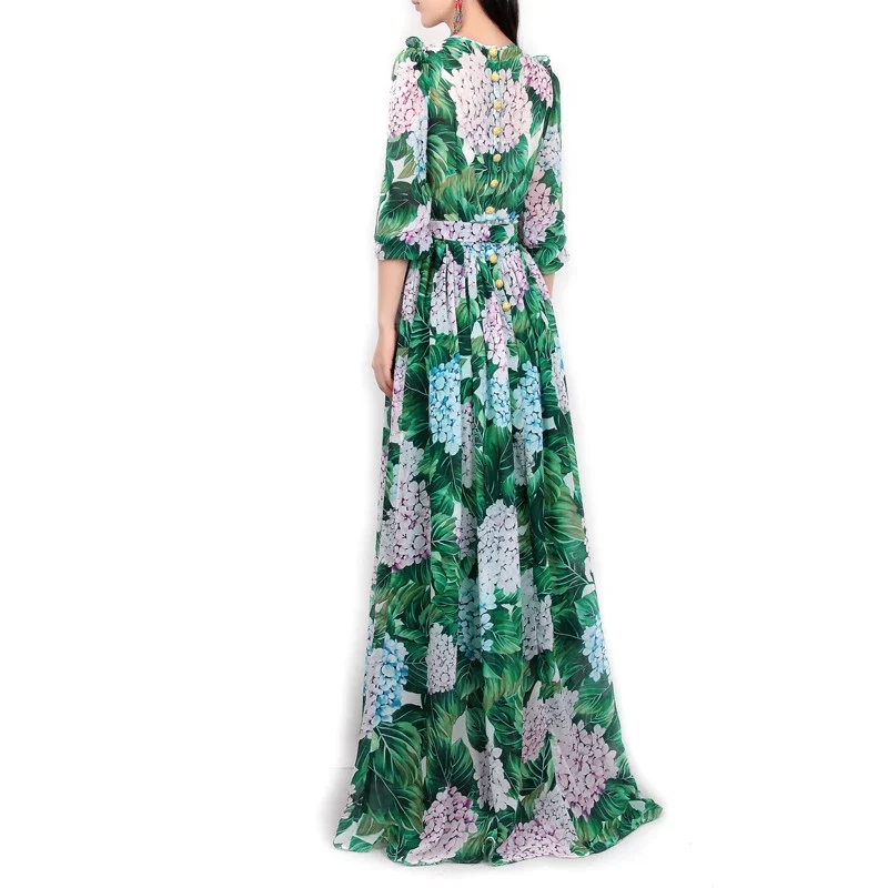 2023 New Summer Runway Long Sleeve Casual Bohemian Party Holiday Green Leaves Floral Printed Long Maxi Dresses For Women