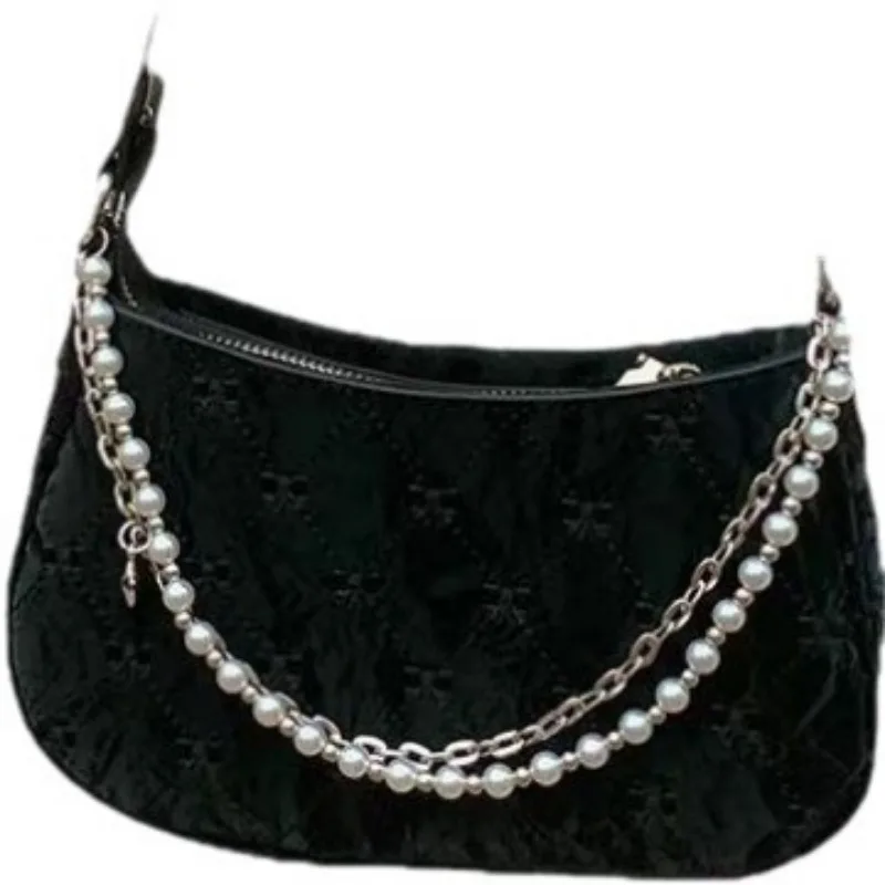 Pink Womens Shoulder Bag Elegant Cute Bow Pearl Chains Bow Embroidery Handbag Casual Leather Korean Fashion Female Handbag