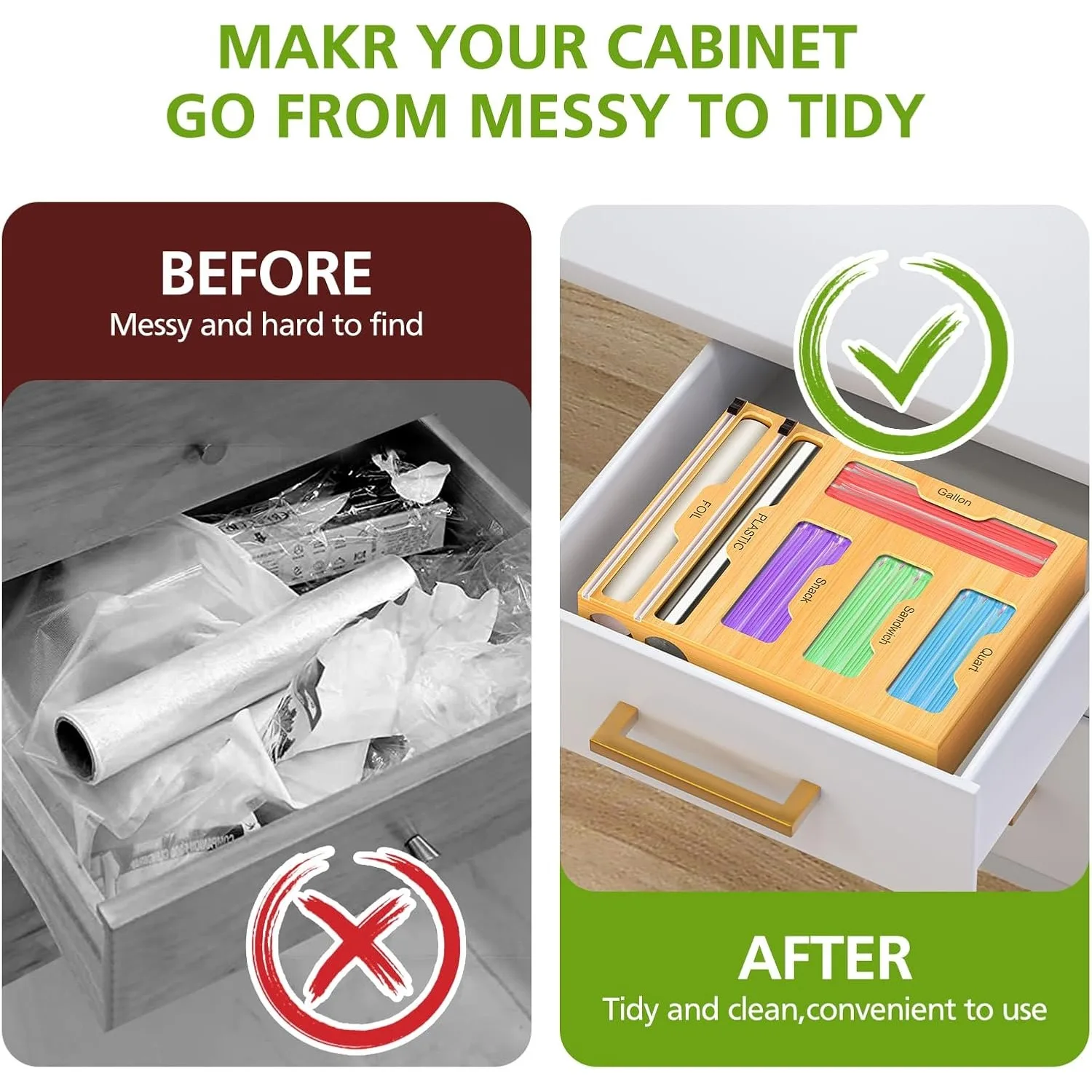 Bag Storage Organizer for Kitchen Drawer, 6 in 1 Foil and Plastic Wrap Dispenser with Cutter, Bamboo Plastic Baggie Organizer ﻿ 3