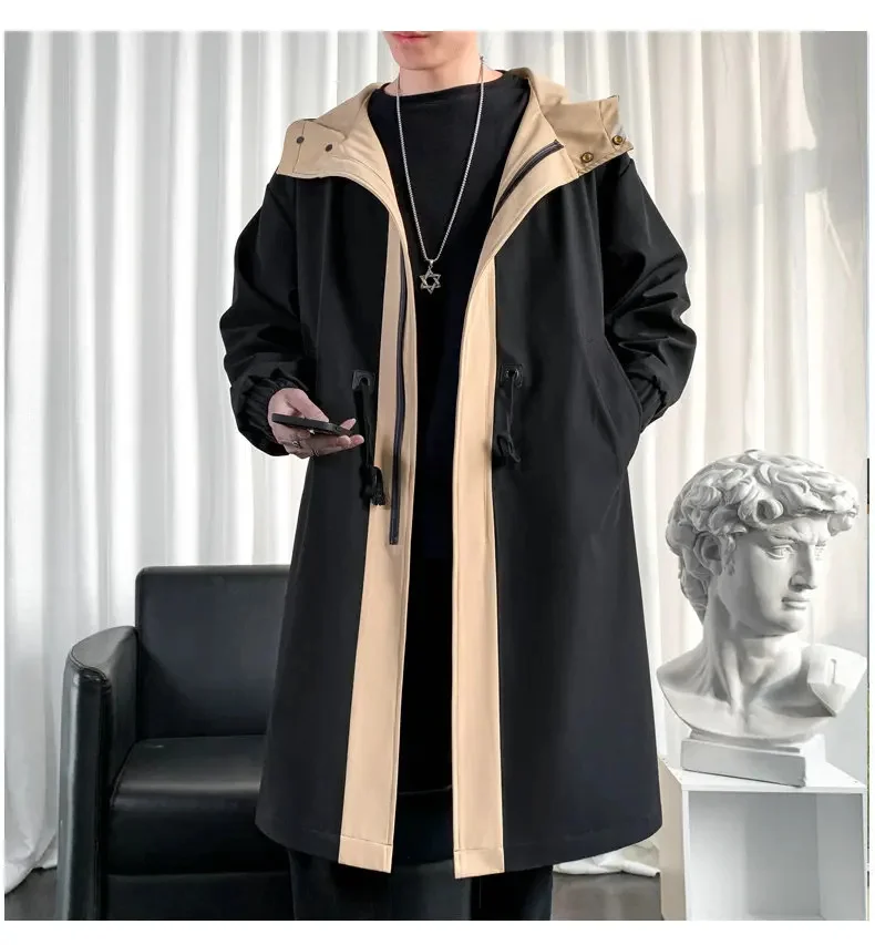 Description Picture 3 of item2024 New Spring Autumn Trench Coat Men Streetwear Long Jacket Hip Hop Male Fashion Windbreaker Hooded Overcoat Women Top