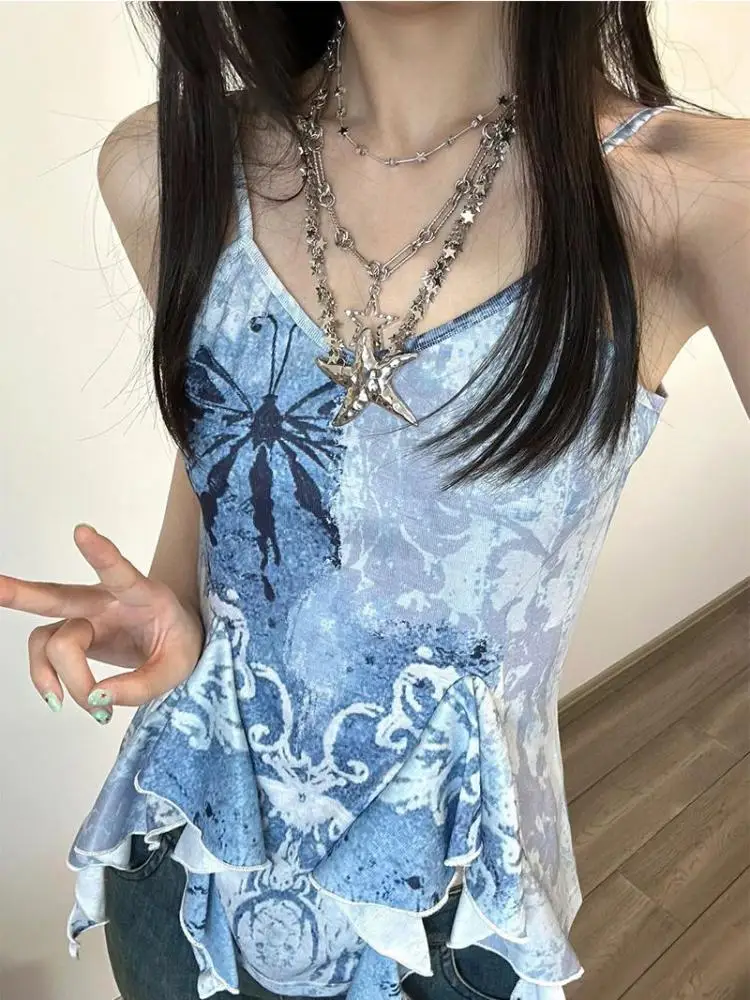 Genayooa Retro Tank Tops Women Sleeveless Blue Print Tank Y2k Vintage Camis 2000s Japanese E Girls Tee Irregual Tank Tops Summer images - 6