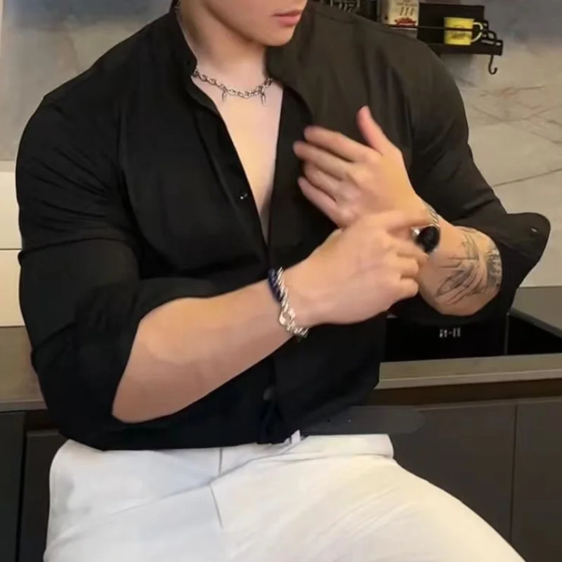 2023 Spring and Autumn Fashion Trend Men's Simple Standing Neck Single Breasted Solid Color Long Sleeve Slim Fit Versatile Shirt