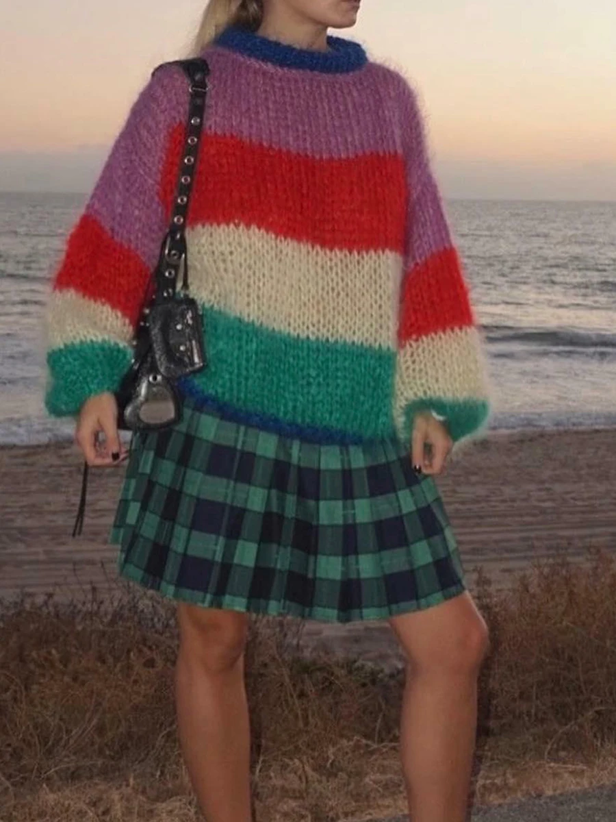 

Women's Fashion Casual Loose Cute Sweater Striped Print Long Sleeve Pullover Sweater Suitable for Autumn Warm Streetwear