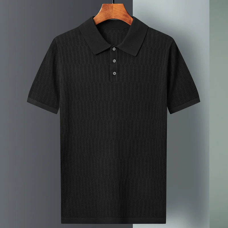 

2024 Men Summer Fashion Lapel Knitted Tops Tees Male Short Sleeve Solid Color T-shirt Men's Casual Ice Silk Thin Polo Shirt D328