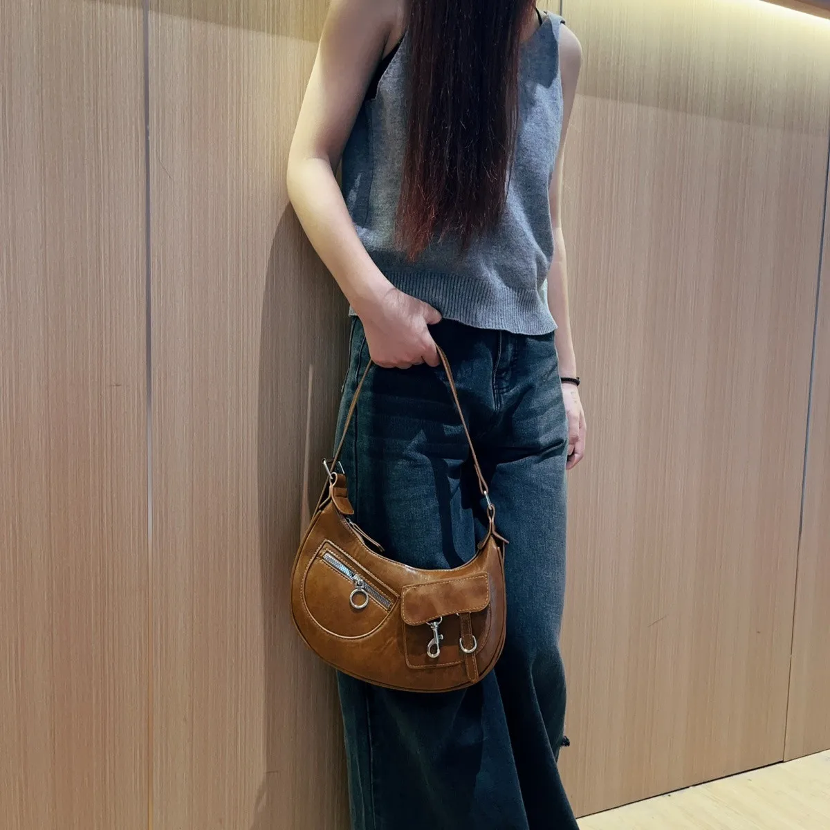 JIAERDI Retro Brown Underarm Bag Women Fashionable Moto Biker Leather Chic Y2k Handbag Ladies Casual Crossbody Bags 2025 New