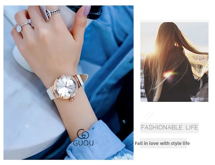 Orologio da polso al quarzo da donna alla moda GUOU con cinturino in vera pelle, diamanti, strass, calendario, lente d'ingrandimento, orologio da donna_voghion.com