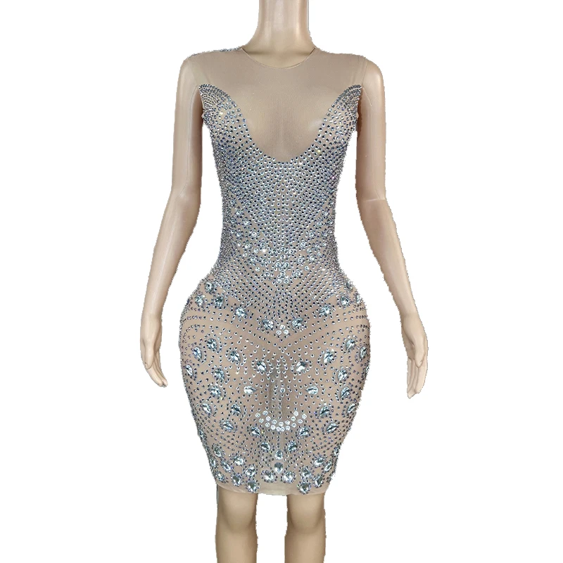 

Rhinestone Women Sexy Sparkly Mesh See Through Short Dress Prom Party Outfit Singer Club Stage Wear