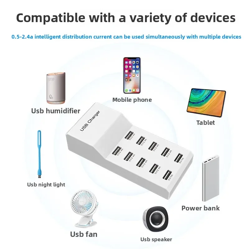 Smart 10-Port USB Charger for Mobile Phones Fast-Charging Flat Panel Power Station for Home Office Use with Travel Features US/E