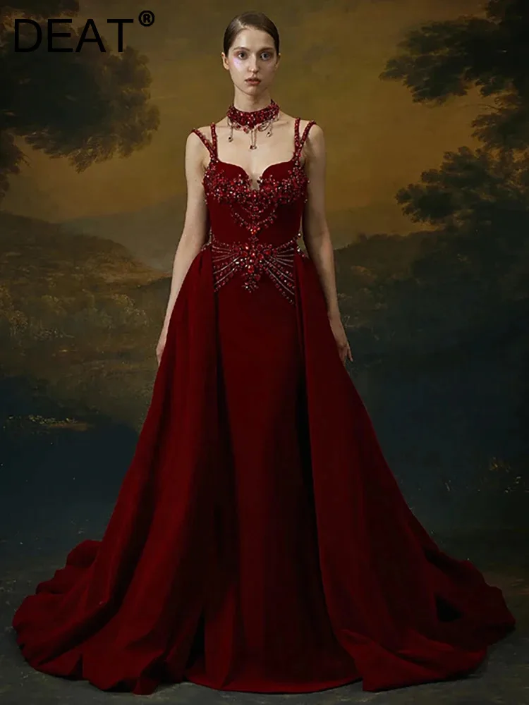 

DEAT Women Fashion Evening Dress Camisole Patchwork Diamond-bordered Elegant Customizable Party Dresses Summer 2023 New 13DB4198